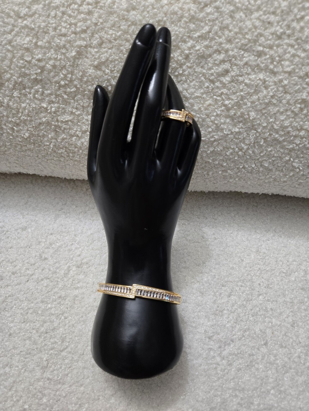 Gold Crystal Pavé Hinged Bangle Bracelet and Matching Ring Set